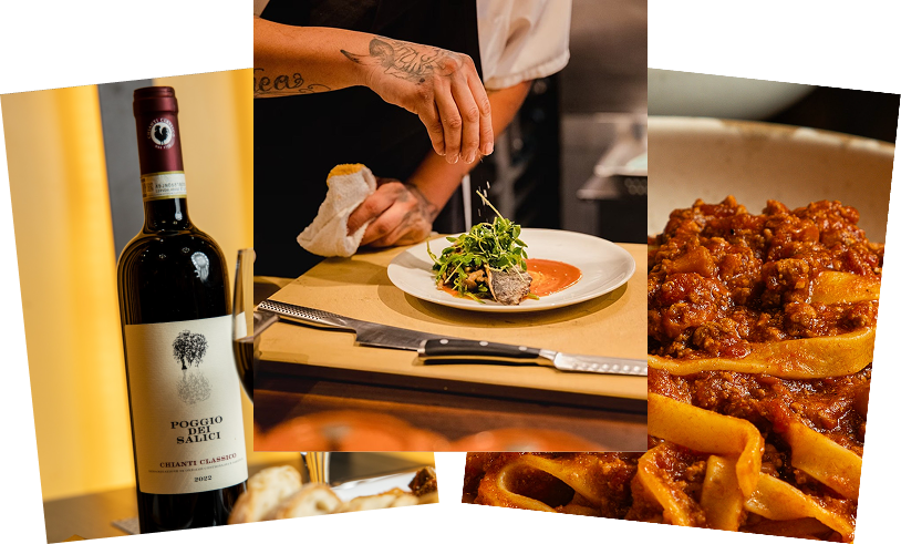 Vino, impiattamento e ragu della casa